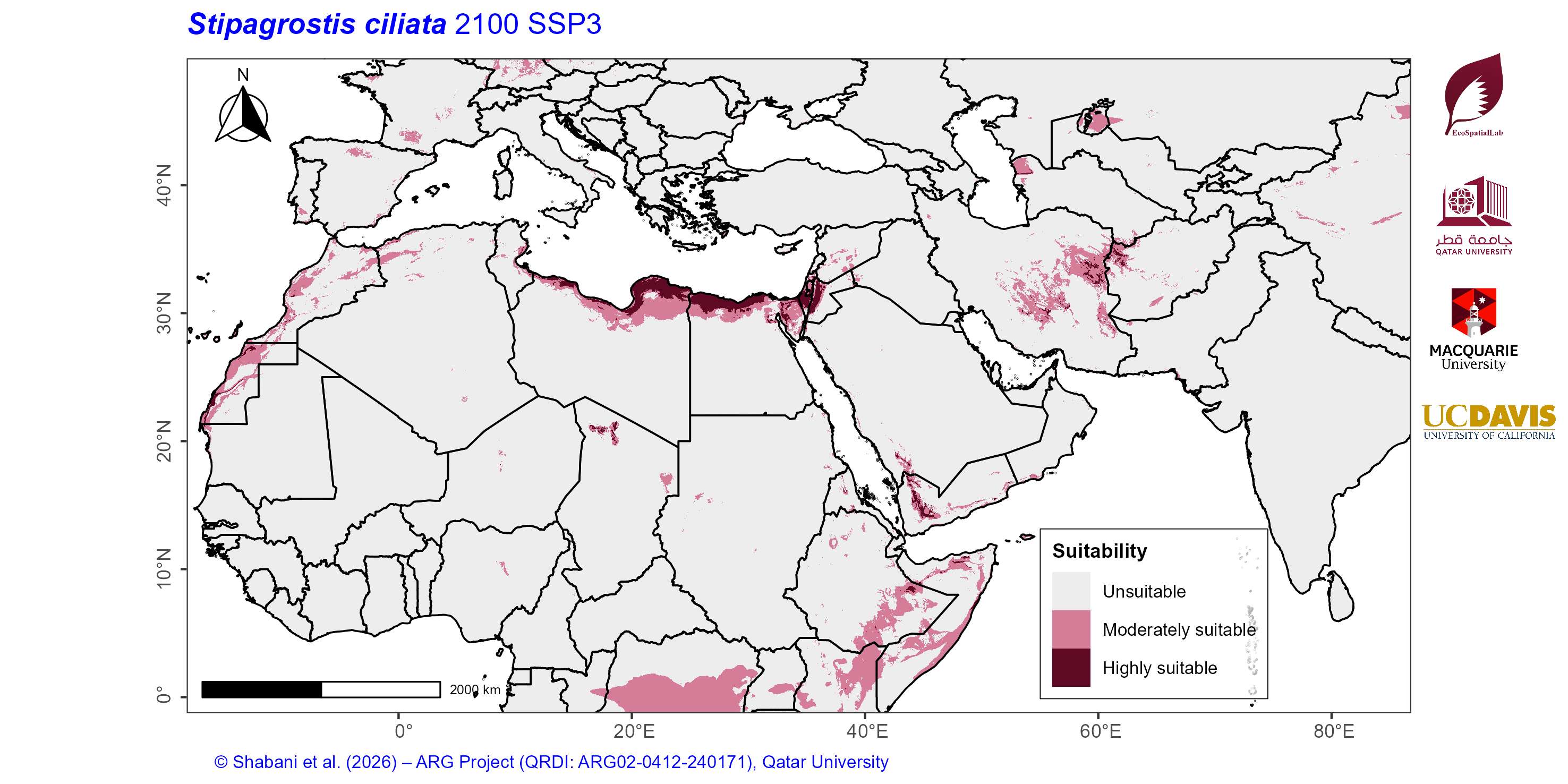 Projected Climate Suitability in the Mediterranean–Middle East–North Africa Dryland Belt SSP3 — 2100