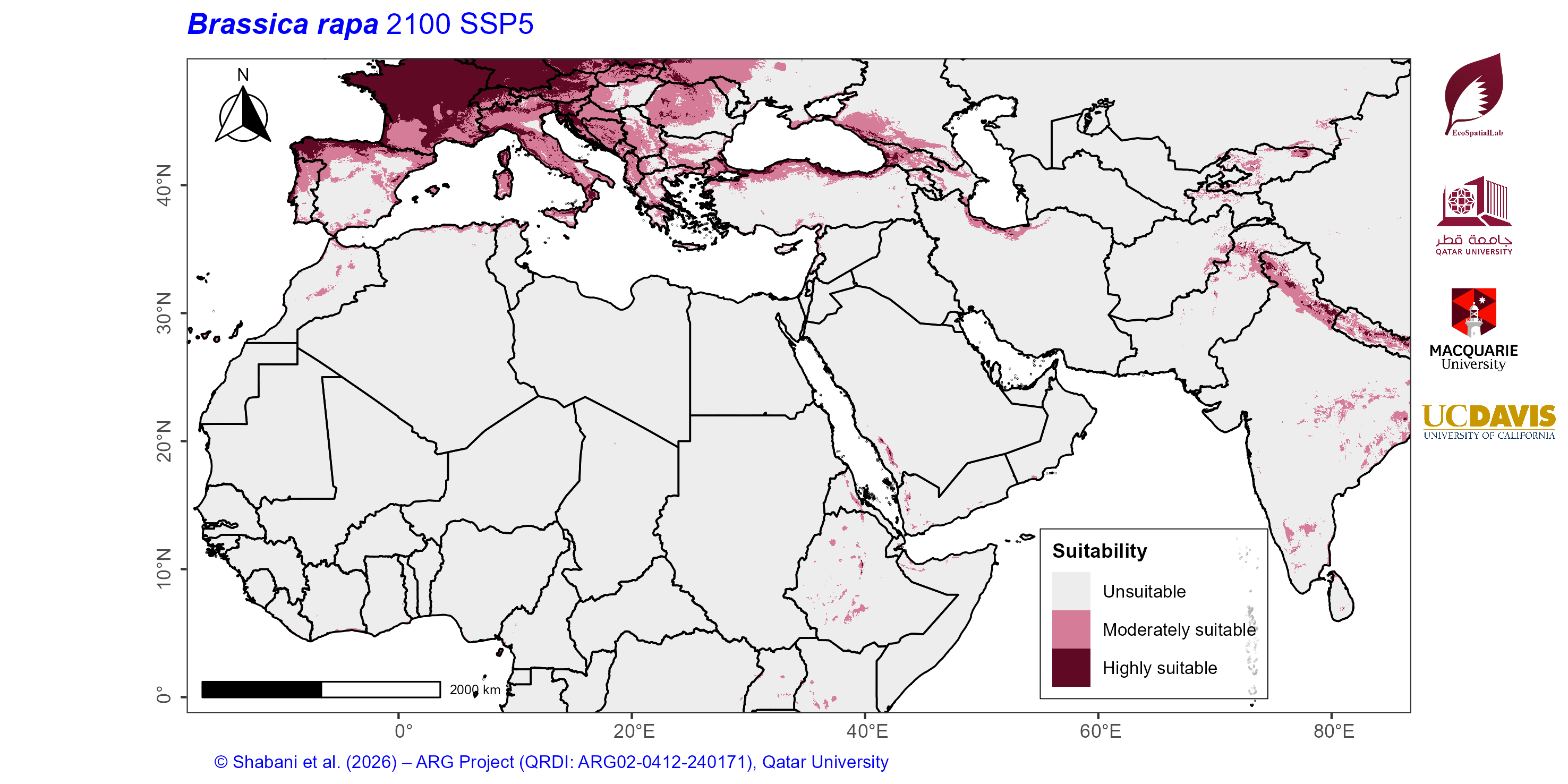 Projected Climate Suitability in the Mediterranean–Middle East–North Africa Dryland Belt SSP5 — 2100