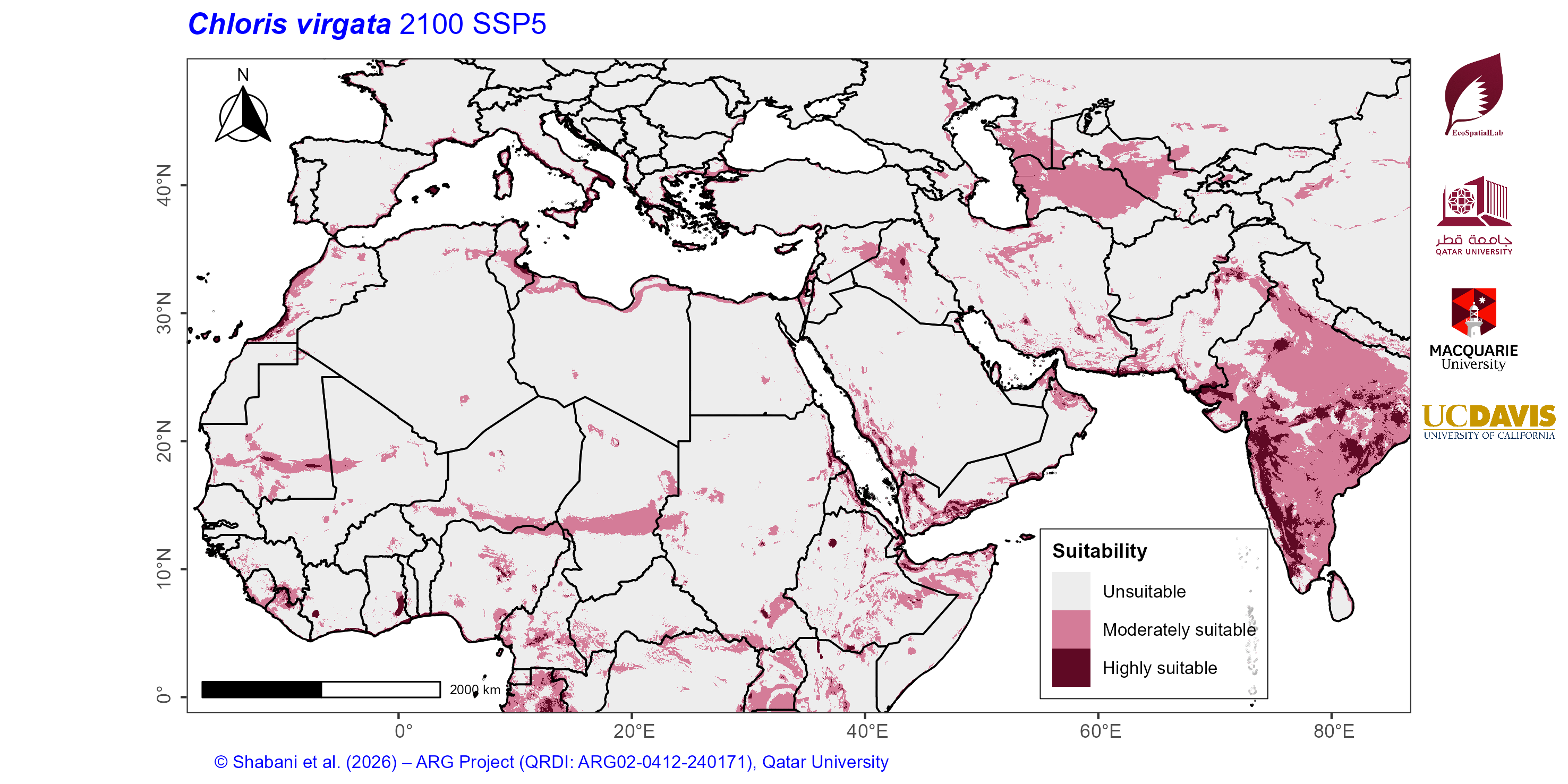 Projected Climate Suitability in the Mediterranean–Middle East–North Africa Dryland Belt SSP5 — 2100