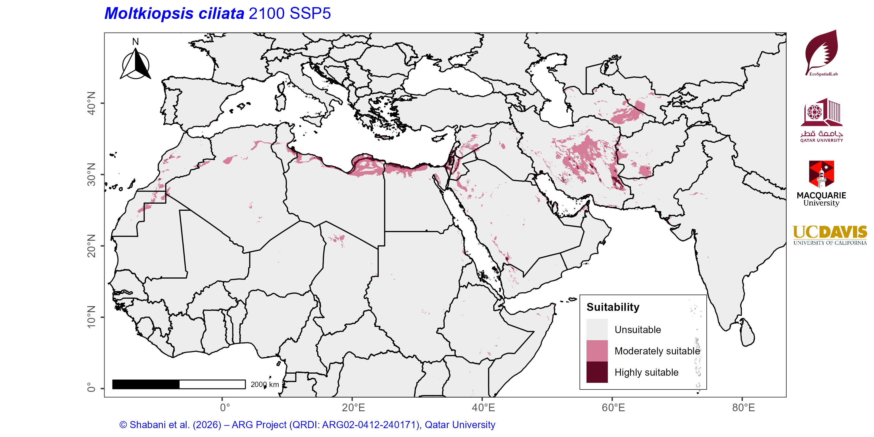 Projected Climate Suitability in the Mediterranean–Middle East–North Africa Dryland Belt SSP5 — 2100