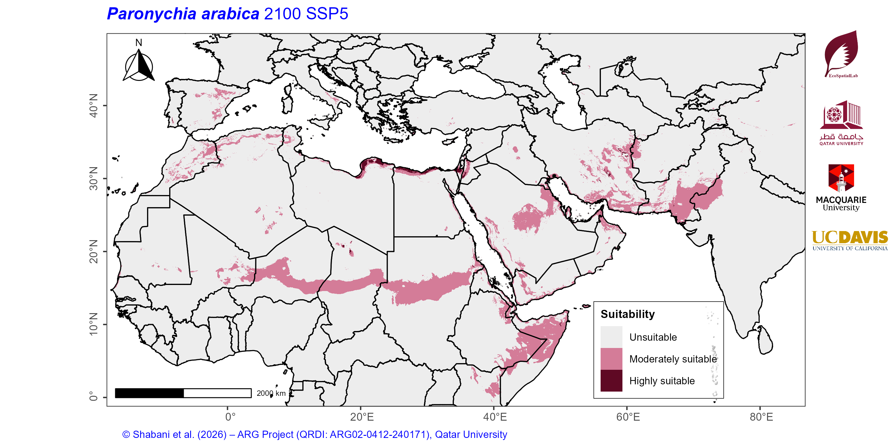 Projected Climate Suitability in the Mediterranean–Middle East–North Africa Dryland Belt SSP5 — 2100